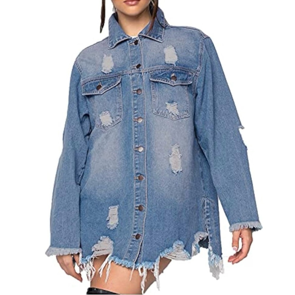 Women’s Distressed Denim Oversized Shirt Jean Jacket Size XXXL